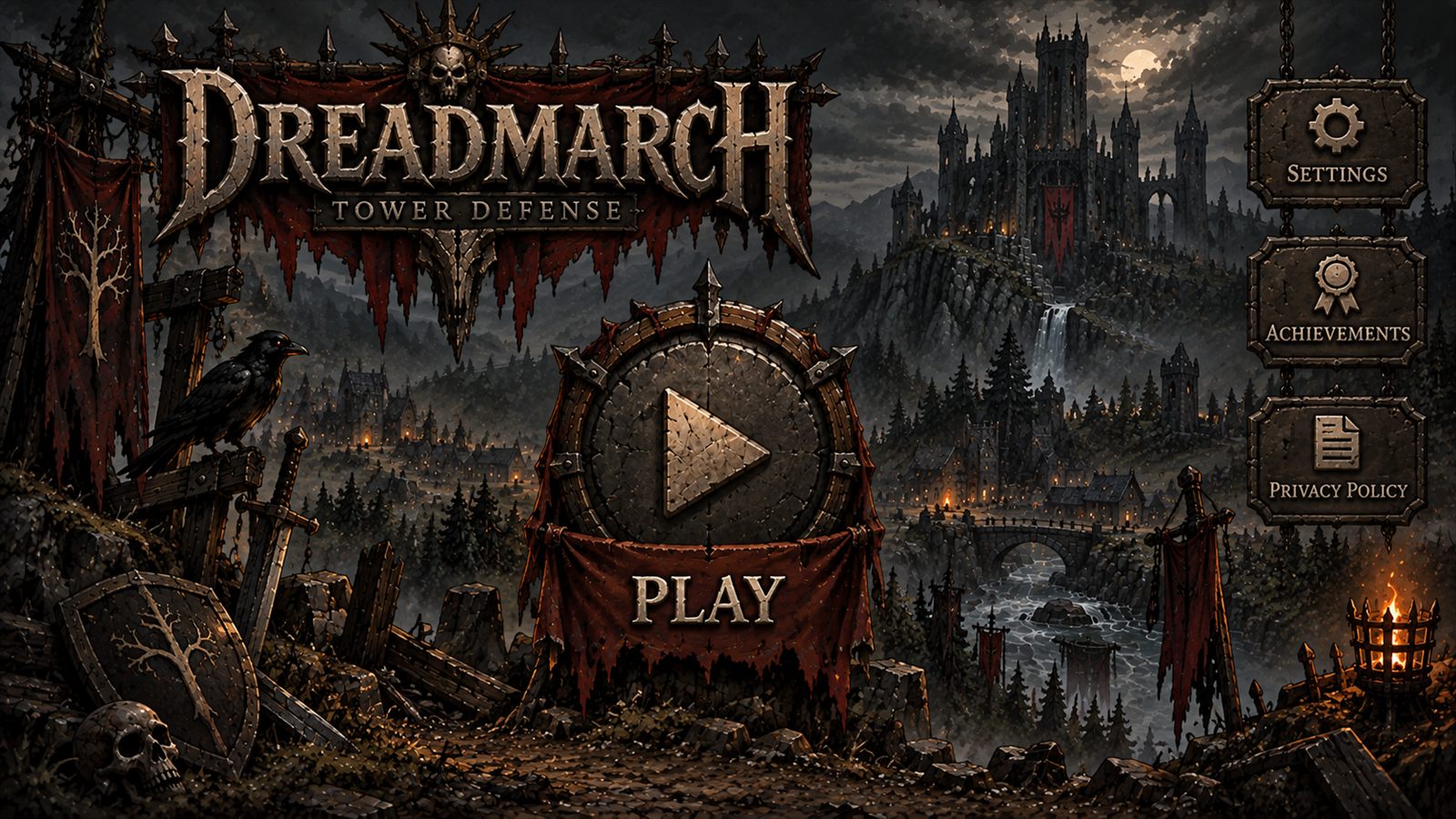 Dreadmarch title art: a ruined battlefield under a moonlit castle, a raven perched on a broken banner pole.