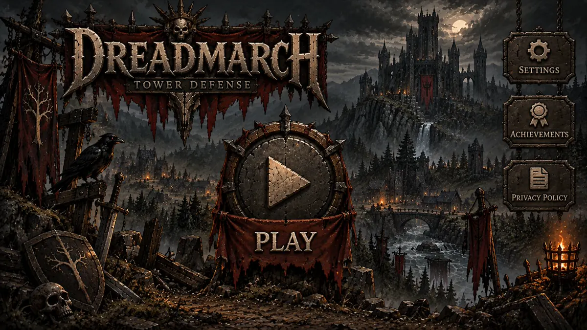Dreadmarch: a moonlit castle above a ruined battlefield.