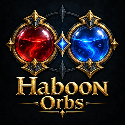 The Haboon Orbs logo: red health and blue power orbs in ornate gold surrounds, above the name Haboon Orbs.
