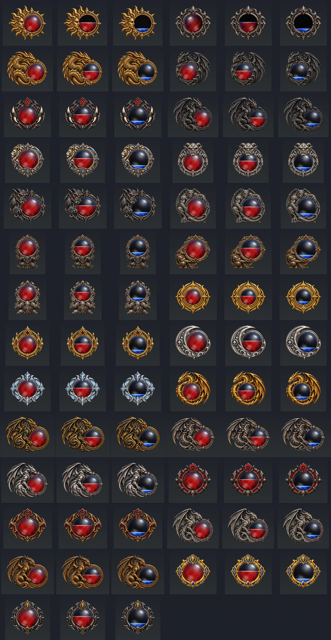 All 27 orb looks in rows, each shown full, part full and nearly empty: gold and silver rings, dragons, wyverns, gargoyles, titans, and Horde and Alliance crests.