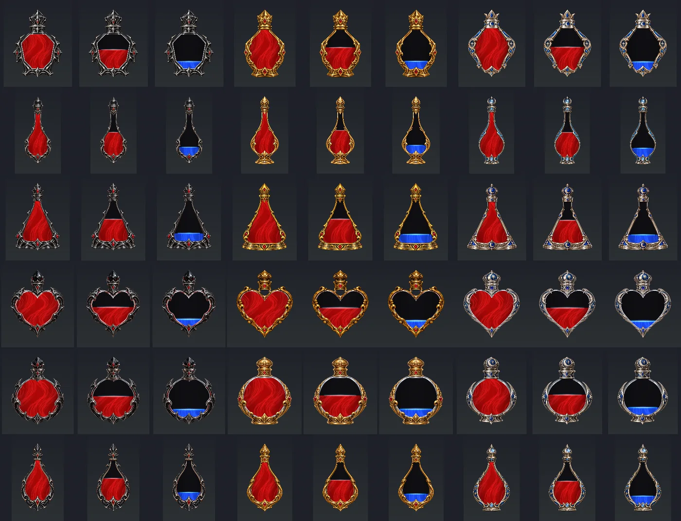 All 18 potion bottle looks: crystal, elixir, flask, heart, round and teardrop bottles in obsidian, antique gold and moon silver, at three fill levels.