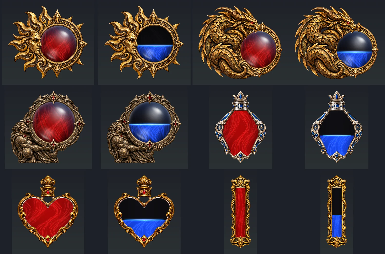 Six Haboon Orbs looks up close, each full of red health and part full of blue power: the Ancient Sun and Ancient Wyrm orbs, the Bronze Atlas held up by a kneeling titan, a moon silver crystal bottle, an antique gold heart bottle and an ancient gold vial.