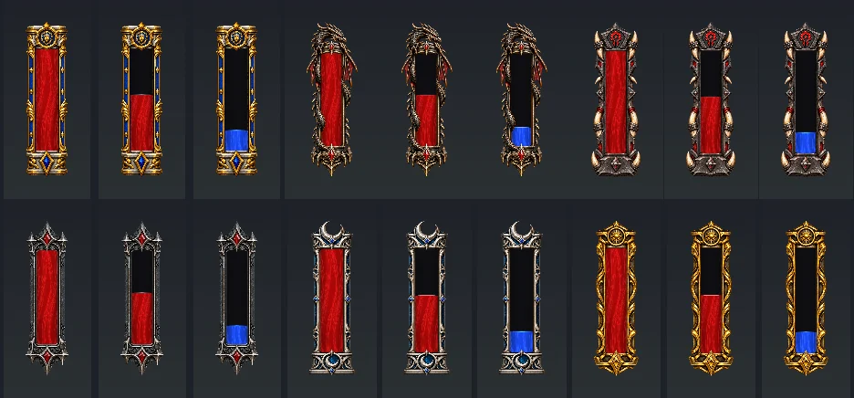 All six vial looks: Alliance, dragon, Horde, gothic obsidian, moon silver and ancient gold, at three fill levels.