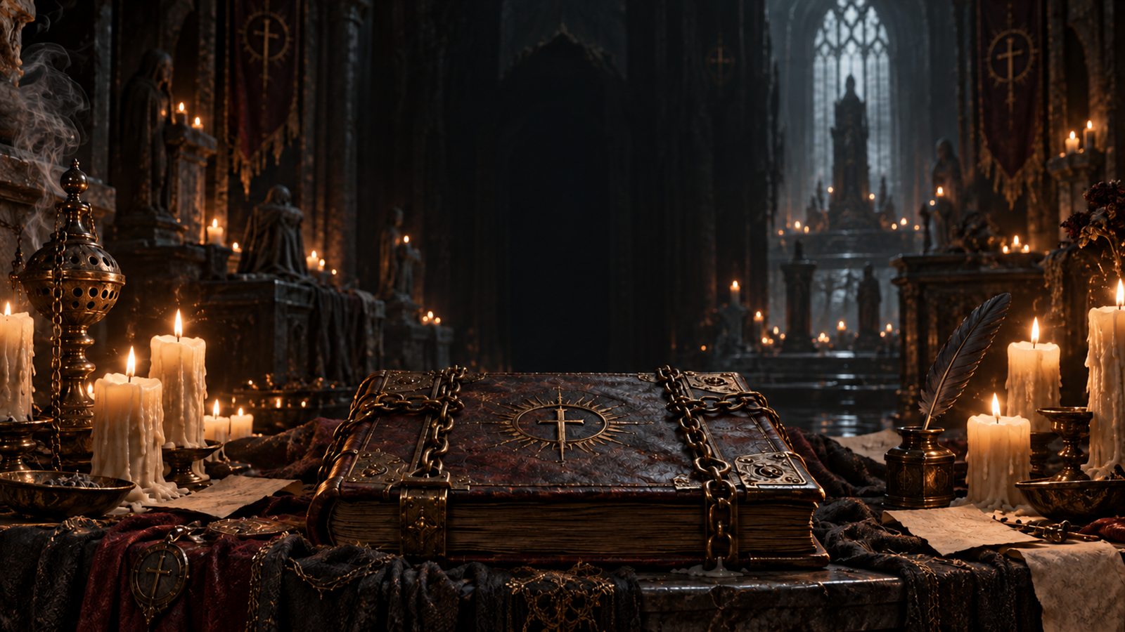 Project Hollow title art: a chained burial register on an altar, among candles in a dark church.