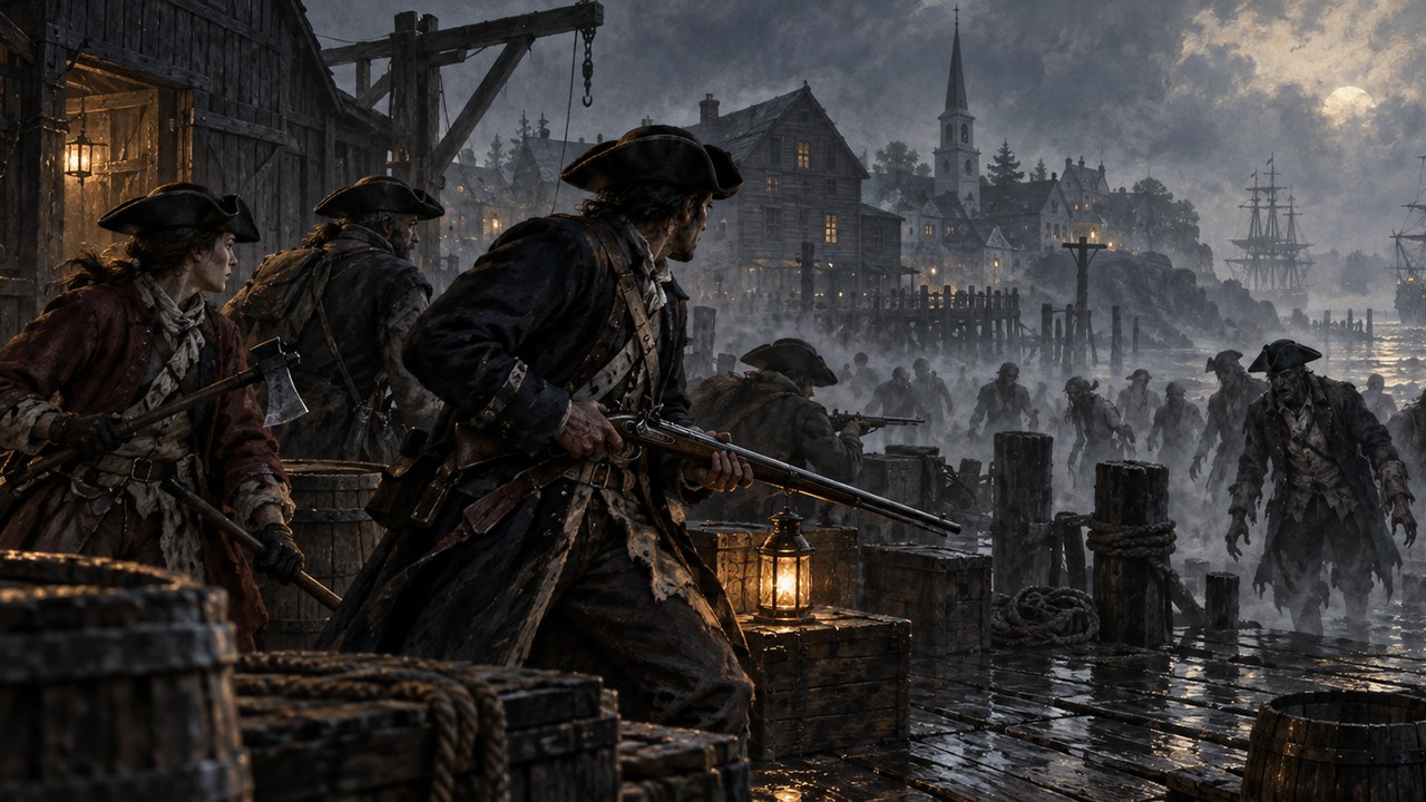 The Last Muster concept art: colonial survivors with muskets and axes on a fogbound wharf as plague-infected townsfolk close in.