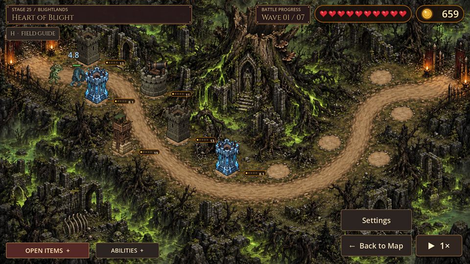 Stage 25, Heart of Blight: towers along a dirt road through glowing green rot